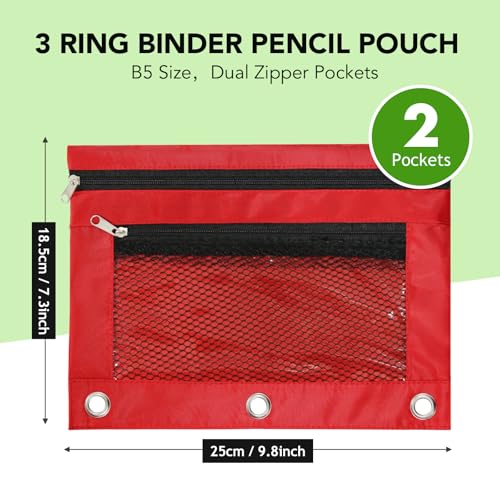 Image of Pencil Pouch for 3 Ring Binder, Heavy Duty Canvas Dual Zipper Pen Bag with Clear Window, Smooth Metal Zipper, Fit Standard 3-Ring Binders for School Office Travel Supplies (Red)