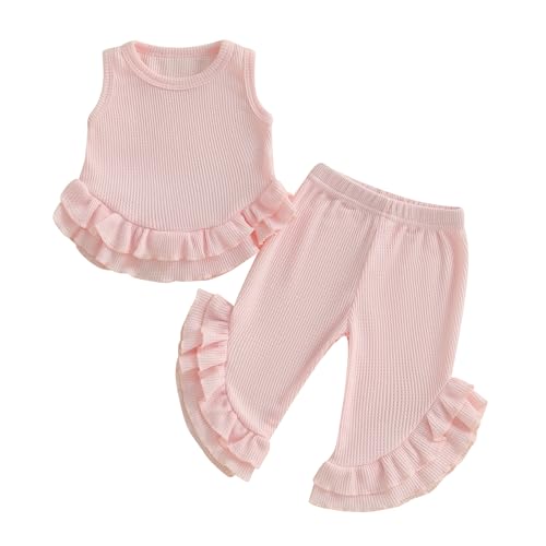 BeliBacca Baby Girls Summer Waffle Outfits Solid Color Sleeveless Crew Neck Ruffle Hem Tank Top Elastic Flare Pants Set 2pcs Toddler Kids Girl Clothes (Pink, 2-3T)
