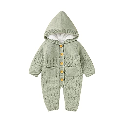 Grenouillère en tricot à capuche en flanelle pour nouveau-né avec poche pour garçons et filles de 0 à 18 mois, vert clair, 3-6 mois Cover
