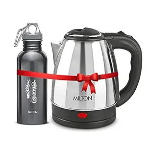 Milton Euroline Combo Set Go Electro Stainless Steel Electric Kettle, 2 Litre, Silver, 1 Piece And Alive Stainless Steel Water Bottle, 750 Ml, 1 Piece, Black - 1500 Watts