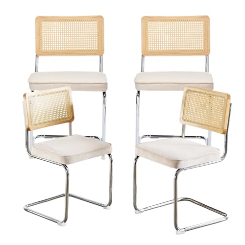 SoarTalent Juego de 4 sillas de Comedor con Respaldo de ratán y tapizado en Terciopelo, diseño Moderno Breuer, Marco de Acero Cromado, sin reposabrazos, para Comedor, Isla de Cocina (Beige)