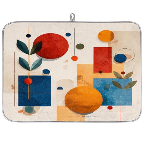 Axurera Tapete de secado de platos abstracto bohemio con líneas geométricas y hojas para encimera de cocina, tapete escurridor de platos absorbente, lavable, almohadilla de secado de platos para