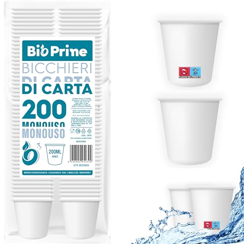 BioPrime - 200pz - Bicchieri Acqua in Carta 200ml - Bicchieri 200ml Biodegradabili - Per Bevande Calde, Acqua e Bibite - Bicchieri Usa e Getta.