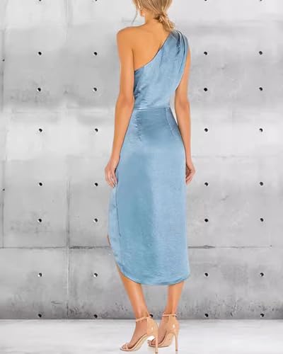 Image of Satin Bridesmaid Dresses for Women One Shoulder Prom Dress Pleated Midi Formal Cocktail Gown Wedding Guest Dress with Slit