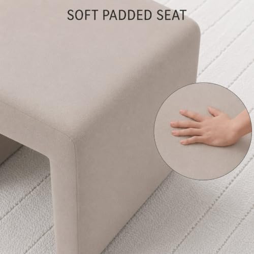 Image of Kundi Modern Boucle Vanity Stool Chair with Wooden Legs - Soft Ottoman Footstool for Makeup Room, Living Room, Entryway & Office (Cream) (Taupe)