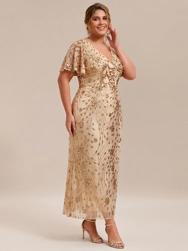 Image of Ever-Pretty Plus Women's Sequin V Neck Plus Size Prom Dress Mermaid Formal Cocktail Evening Dresses for Curvy Women