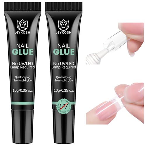 Nail Glue for Press Ons, 10s Fast-Drying No U V Light Needed - Upgrade Super Strong Semi Solid Nail Glue Last Up to 28+ Days & Easy to Remove, 10g*2 High Capacity Suitable for Fake & Acrylic Nail Tips
