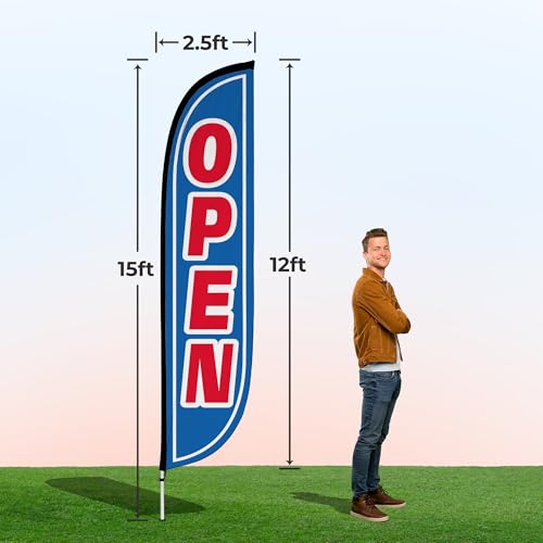 Image of LookOurWay Feather Flag Pole Kit - 12 Feet Tall Advertising Flag Banner with Fiberglass Pole Kit and Ground Spike for Business Promotion - Grand Opening Flags - Open Blue & Red (10M1200107)