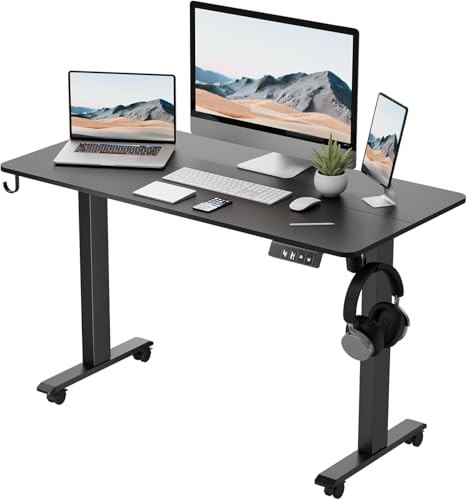 TIQLAB Electric Standing Desk, Adjustable Height Stand up Desk, 55 * 28 Inches Sit Stand Home Office Table with Splice Board, Black