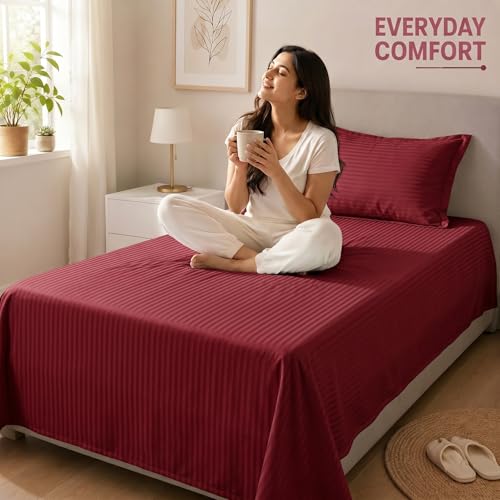 Image of Mafatlal Classic 210 TC 100% Cotton Single Bedsheet | 90 x 60 Inches | Soft & Comfortable Cotton Fabric | Elegant Italian Stripes Design | Breathable, Durable & Lightweight | Maroon