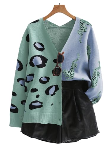 Image of WDIRARA Women's Leopard Tiger Print Cardigan V Neck Long Sleeve Color Block Button Down Sweater Outwear