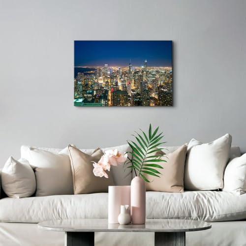 Image of Chicago Canvas Wall Art City Skyline Picture Wall Decor Dusk Cityscape Poster Modern USA Landscape Painting Skyscraper Buildings Photo Prints Artwork for Living Room Home Office Decorations 16x24 inch