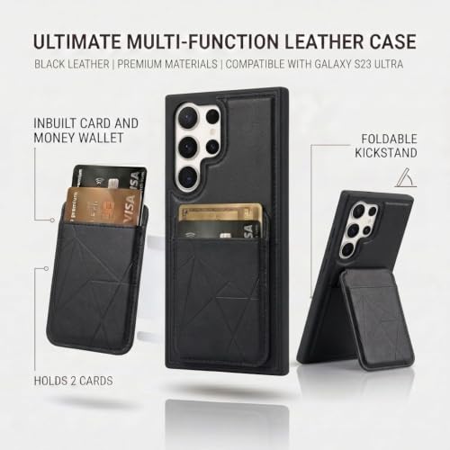 Image of amazon basics Premium Vegan Leather Back Cover with Card Holder and Integrated Mobile Stand for Samsung Galaxy S23 Ultra 5G - Slim Shockproof Wallet Case with Geometric Stitching [Black]
