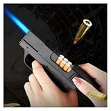 シガレットケース付きブタンライター、詰め替え可能、タバコ10本収納可能、防風ジェットフレームライター、男性へのギフト（ブタンは付属しません）(Black)