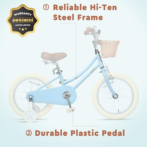 Image of Petimini Vintage Kids Bike for Girls, 12-20 Inch Classic Bicycle with Wicker Basket & Bell, High Tensile Steel Frame, Training Wheels (12-18 inch), 85% Pre-Assembled, Retro Bike for Outdoor Riding