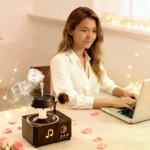Image of KIMEE Retro Gramophone Rain Humidifier Aroma Diffuser Cool Mist White Noise LED Night Light Vinyl Record Design for Bedroom Home Office