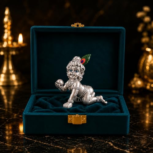 Image of Gold Art India 999 Silver Plated Bal Krishna Idol (3.3 Inch) | Antique Matte Laddu Gopal Murti | Premium Peacock Green Velvet Gift Box | Krishna Idol for Home Temple, Office Decor & Spiritual Gifting