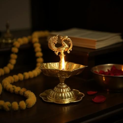 Image of Handcrafted Double Brass Diya with Peacock Design | Traditional Brass Oil Lamp for Puja, Temple & Home Decoration | Antique Finish Deepak for Festivals (Single Diya)