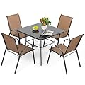 NUU GARDEN 5 PCS Patio Dining Set, Metal Outdoor Table and Chairs, with 4 Stackable Chairs and 31.5’’ Square Table with Umbrella Hole, Outdoor Dining Set for Lawn, Balcony, Garden, Black and Brown
