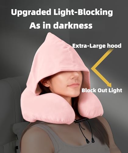Image of Travel Neck Pillow with Extra Large Hood Rollable Airplane Hooded Neck Pillow with Memory Foam Filling and Removable, Skin-Friendly Cover with a Carrying Case & Pouch (Velvet)
