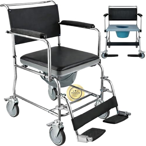 OrtoPrime Silla Ducha WC Personas Mayores con Ruedas Y 4 Frenos Silla de Baño para Mayores con Asiento Cojín Espuma Suave Sillas Baño Adulto Brazos y Pies ABATIBLES Silla de Baño con Inodoro Silla WC