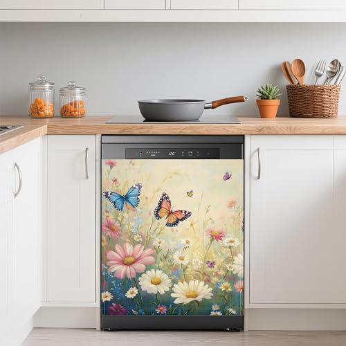 Image of Spring Wildflowers Dishwasher Magnets Decorative Cover,Pink Blue Butterfly Waterproof Magnetic Dishwasher Cover Panel,Refrigerator Magnet Cover for Kitchen Home Decor 23x26 Inch