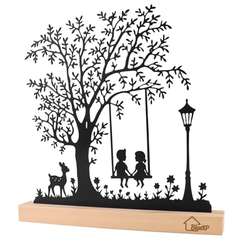 BlueXP Figurine Décorative Arbre avec Enfants sur Balançoire Sculpture en Métal Noir sur Socle en Bois de Bouleau Fait Main Décoration de Table Moderne...