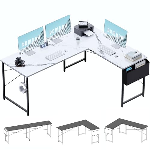 Image of Pamray 64.5 Inch Reversible L Shaped Gaming Desk Large Corner Computer Desk with Storage Bag Home Office Table for Writing Study Marble
