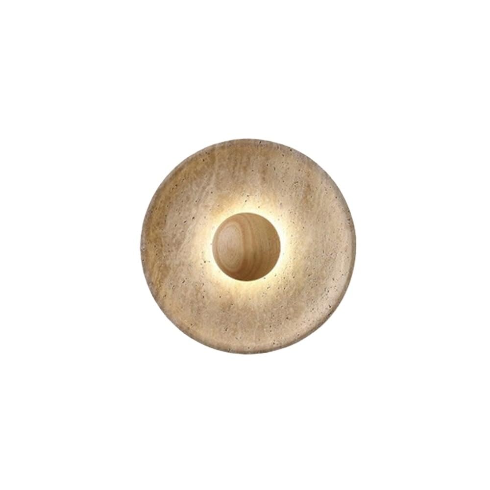 NHPJFDC Round LED Wall Sconce Travertine Effect Stone Look Japandi Style Hardwired Backlit Warm White Light Rustic Wall Fixture for Bedroom Living Room Hallway Decor(Natural)