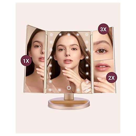 EASEHOLD Makeup Mirror with Lights 21 LEDs Lighted Vanity Mirror 2X 3X Magnifying 180 Degree Adjustable Desk Mirror with Touch Screen Dual Power Supply Countertop Trifold Cosmetic Mirror