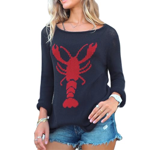 Women Long Sleeve Lobster Sweater Y2K Contrast Graphic Crewneck Oversized Knit Pullover Tops Vintage Fall Clothes