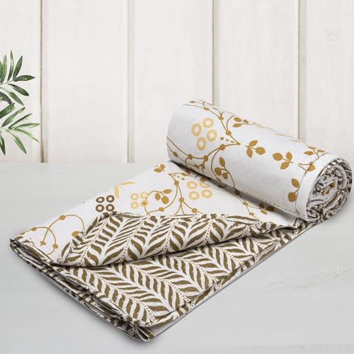 Image of HUESLAND 100% Cotton Reversible Dohar Toddler Size | Soft Cambric Weave, All Weather Light Comforter AC Quilt | Infants-New Born Blanket | 41 x 55 inches, Petal - White, Moss Green & Mustard