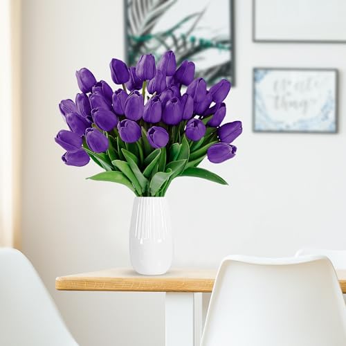 Image of Sggvecsy 15 Pcs Fake Tulips Artificial Flowers Real Touch PU Faux Flowers Tulip Stems for Wedding Spring Bouquet Floral Arrangement Home Party Office Decorations for Mother's Day (Purple)