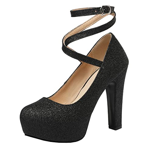 BEAUPAS Women's Glitter Mary Jane Shoes Chunky Ankle Strap High Heels Platform Block Heels Pumps Sequin Round Toe Pump