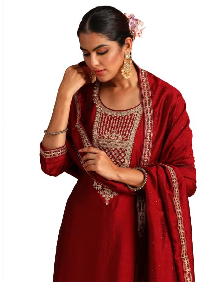 Image of INDO ERA Women's Polyester Maroon Embroidered Straight Kurta Trouser with Dupatta Set