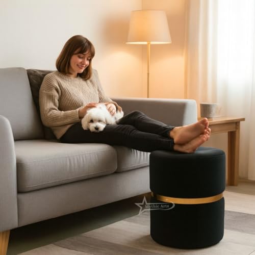 Image of Round Single Strip Upholstered Stool Living Room Foot Rest Linen Fabric Padded Seat Pouf Ottoman Office Stool Black