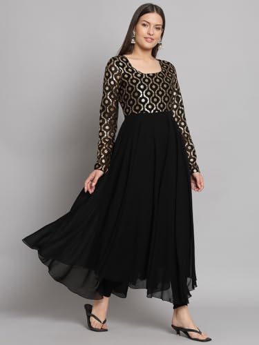 Image of PH POSHAKHUB Georgette Foil Print Anarkali Kurta has Round Neck and Full Sleeve