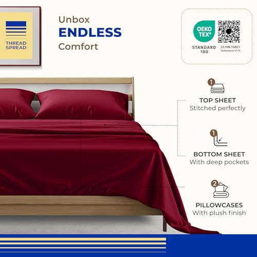 Image of THREAD SPREAD California King Bed Sheets, Luxury 1000 Series Paradise Collection 100% Egyptian Cotton Cal King Sheets Set (4 PC, Burgundy), Silky Soft, Cooling, 16 inch Deep Pocket Hotel Sheet Set