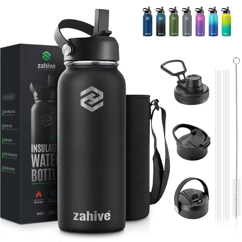 Zahive Insulated Water Bottle 1l with 3 Lids & Bag - Stainless Steel Water Bottle with Straw - 1000 ml Double Wall Flask for Gym Travel Hot & Cold Drinks - Leak Proof (1 Liter Black)