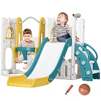 AIYAPLAY Toddler Swing and Slide Set, 6 in 1 Baby Climber and Swing Set, Kids Playground with Basketball Hoop, Telescope, Storage Space, Yellow