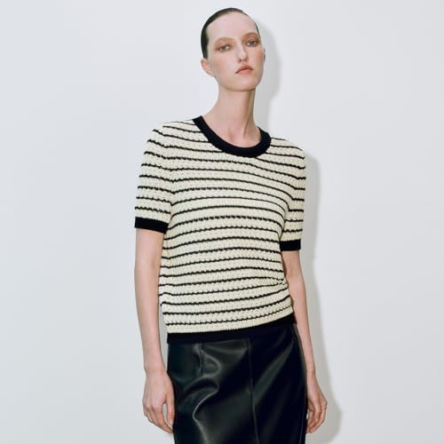 Image of URBAN REVIVO Women's Short Sleeve Sweaters Crewneck Knit Tops Casual Striped 2025 Trendy Soft Summer Blouses