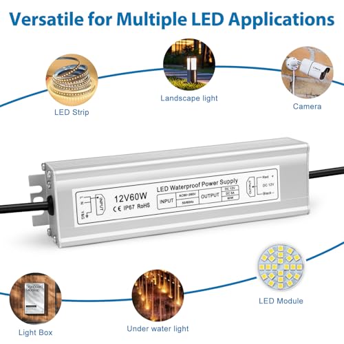 Image of 12V 60W LED Power Supply, IP67 Waterproof LED Driver Transformer, AC 90-265V to DC 12V 5A Low Voltage Converter for Outdoor Landscape Lighting and LED Strip Lights, 3-Prong Plug with 3.3FT Cable