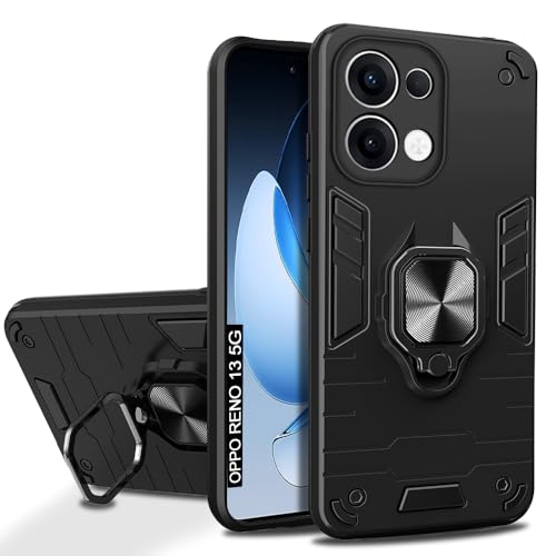 Image of AESTMO Oppo Reno 13 5G Back Case Cover | Tough Armor Bumper | Ring Holder & Kickstand in-Built | 360 Degree Protection Cover for Oppo Reno 13 5G (Black)