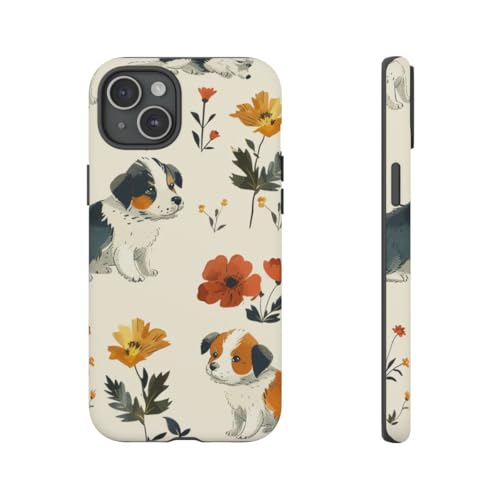 Coque iPhone 15 Plus rigide mate antichoc motif chiot floral