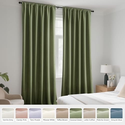 Image of Joydeco Coconut Green Velvet Curtains 90 Inch Curtains 2 Panels Set, Thermal Insulated Room Darkening Curtains for Bedroom Living Room, Soft Luxury Curtains Rod Pocket, 52W x 90L