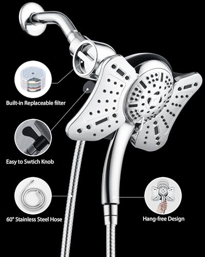 Image of GRICH Shower Head with Handheld Spray - Dual High Pressure Showerhead | Rainfall Shower Heads Combo, Detachable Hand Shower, 9 Spray Settings, 60 inch Stainless Steel Shower Hose, 2.5GPM, Silver