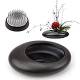Folmywy Kit de vase japonais Ikebana en céramique avec support de tige de fleur Kenzan de 4 cm - Noir - Vase rond en forme de galet pour centres de table - Fournitures d'art à faire soi-même