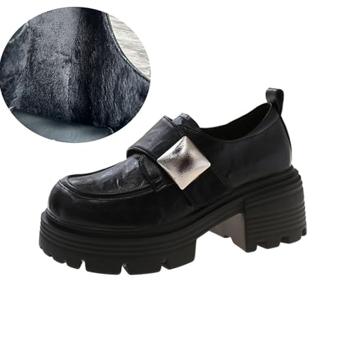 Women's Plush Fleece-Lined Chunky Platform, Vintage Retro Style Metal Buckles Ideal for Autumn Winter, Casual Office Wear2