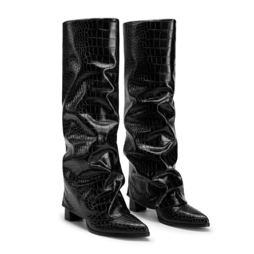 Athlefit Knee High Boots Women Chunky Fold Over Tall Boots Black Croco 8.5 - image 6