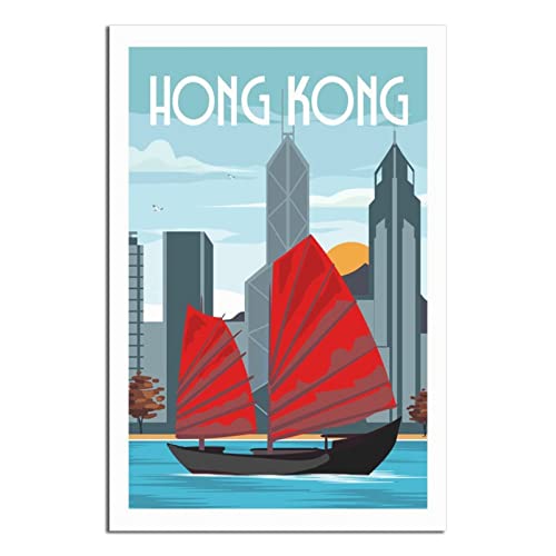 YONGCAI Póster de viaje vintage de Hong Kong, diseño de velero, para pared, decoración del hogar, póster de pintura